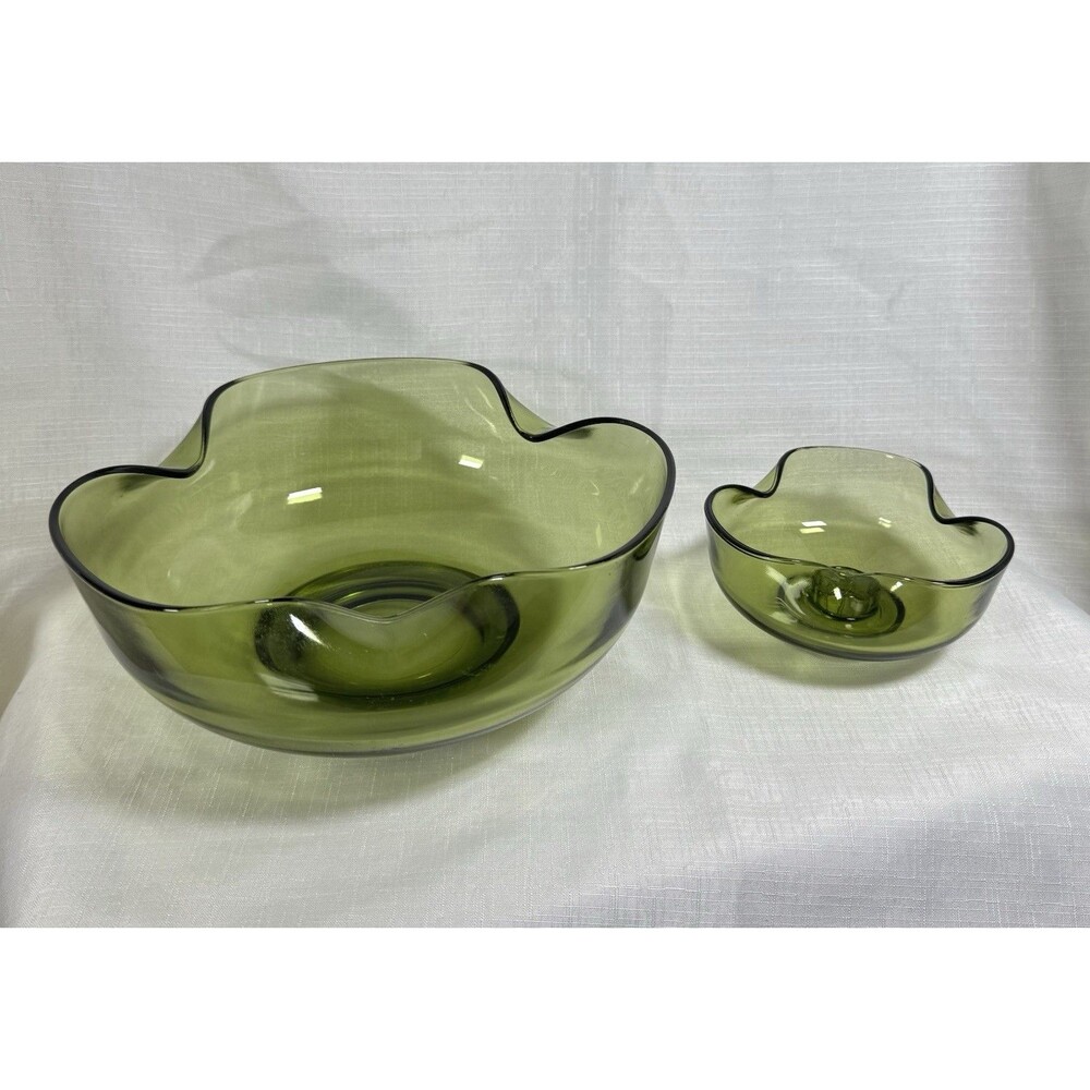 Vintage MCM Centerpiece Console Anchor Hocking Green Glass Bowl 1 Candle Holder